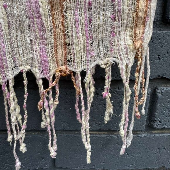 Scarf Boucle Slub Yarn Striped Metallic Accent Thread Gold Shawl Wrap Fringe 68" - Picture 5 of 6